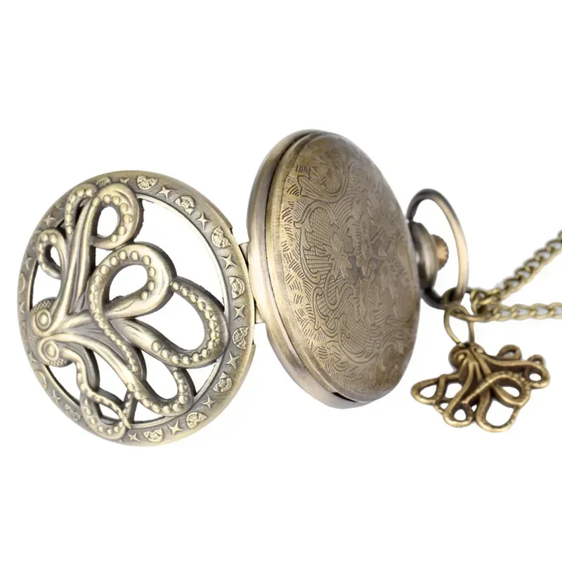 Bronze Hollow Out Octopus Cover Half Hunter Antique Timepiece Unisex Quartz Pocket Watch Men Women Necklace Chain Clock