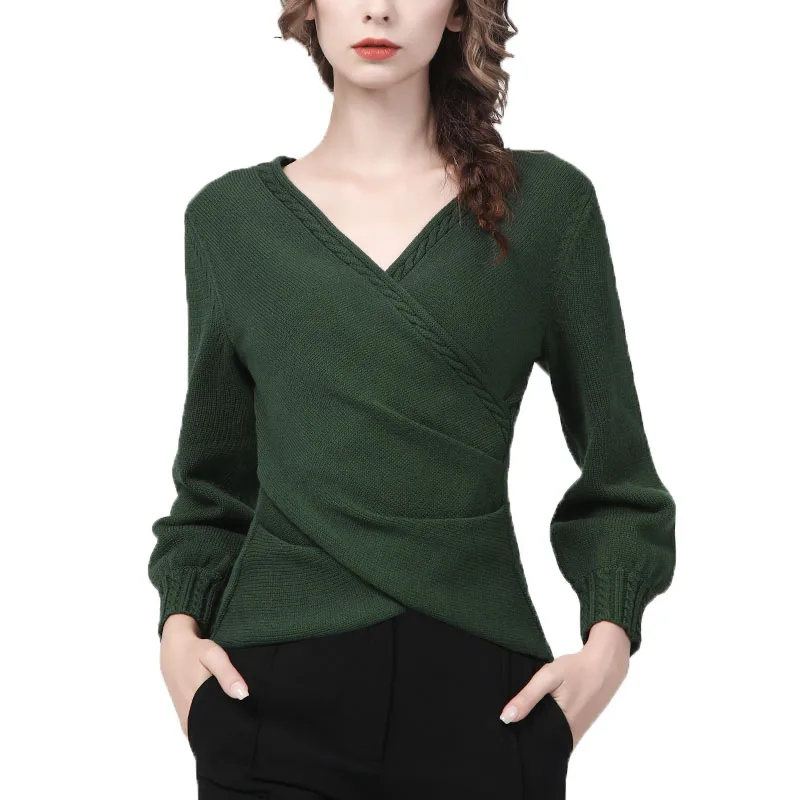 

Fashion Crossed Design V-Neck Women' Sweater Long Sleeve Green Slim Short Knitted Top Warm Autumn Winter Bottoming Pullovers