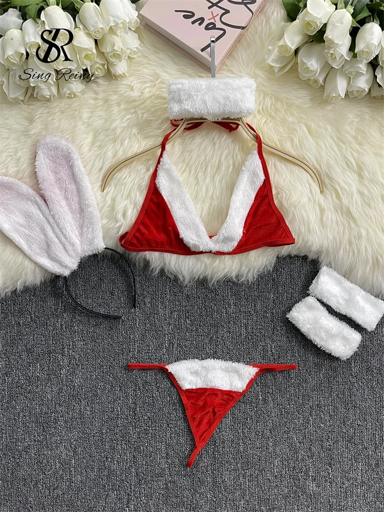 SINGREINY 2024 Uniform Erotic Underwear Suits Female Halter Backless Lace-Up Rabbit Cosplay Cute Christmas Sexy Lingerie Sets