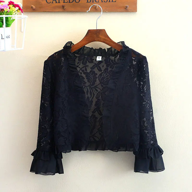 2024 Summer Women\'s T-Shirt Thin Womens Cardigan Lace Hollow Lotus Leaf Sleeves Korean Fashion Casual Sun Protection Top Women