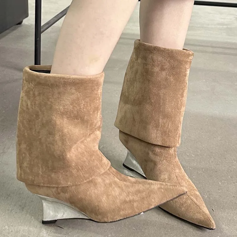 Women High Boots Western Female Shoes For Women Autumn Ladies Knee-High Knight Modern Pointed Toe Pumps Long Boots Wedges Heels