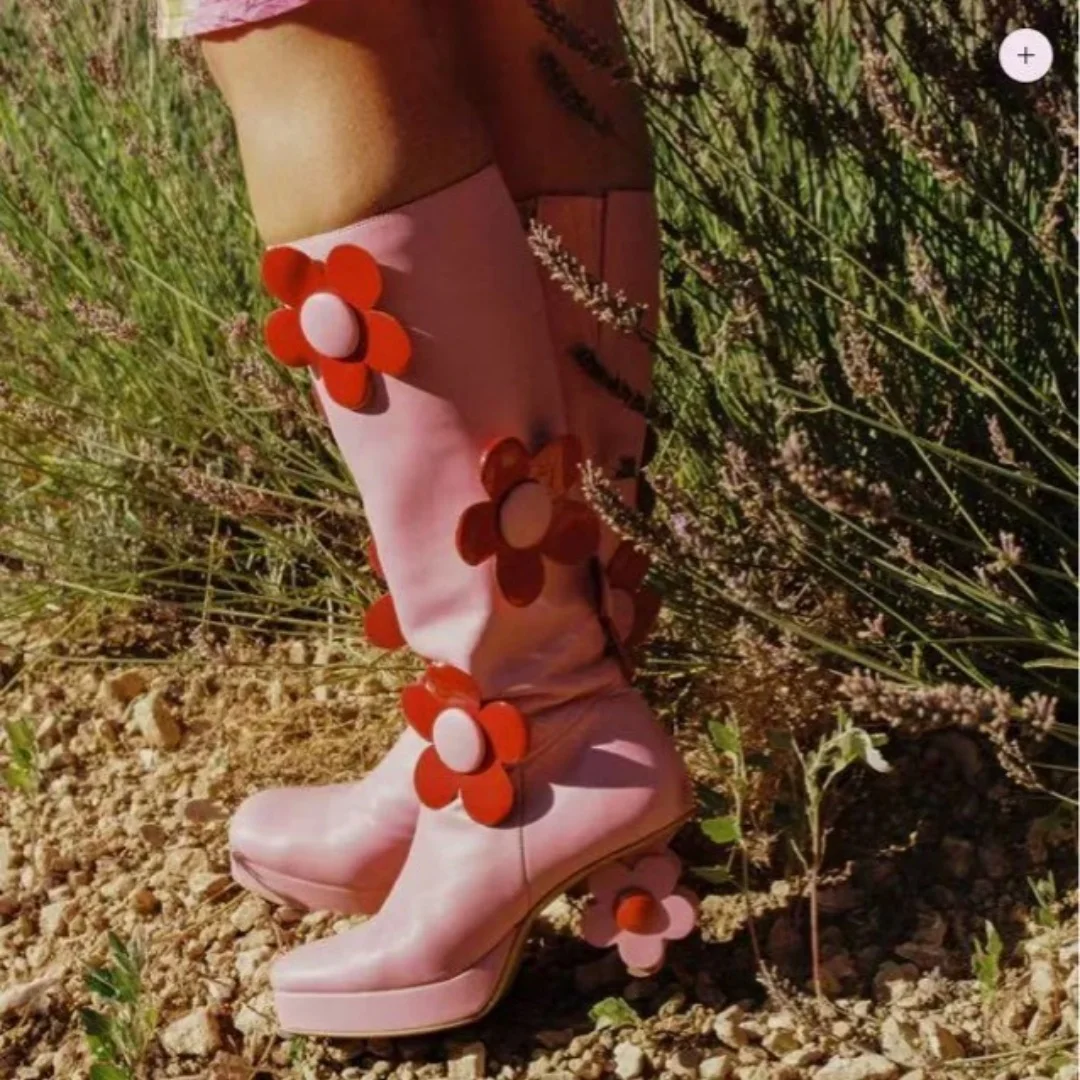 Floral-Patterned High-Heeled Women's Boots Large Flowers Decorate Cosplay Shoes Anime Convention Performance Fashion Boot Female