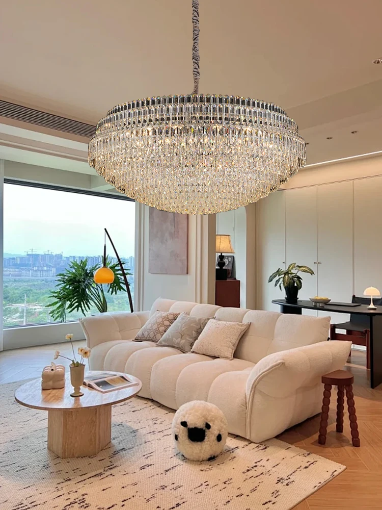 

Modern Home Decor Living Room Multi-layer Crystal Chandelier Lights Clear Round Hanging Lamp over Dining Table