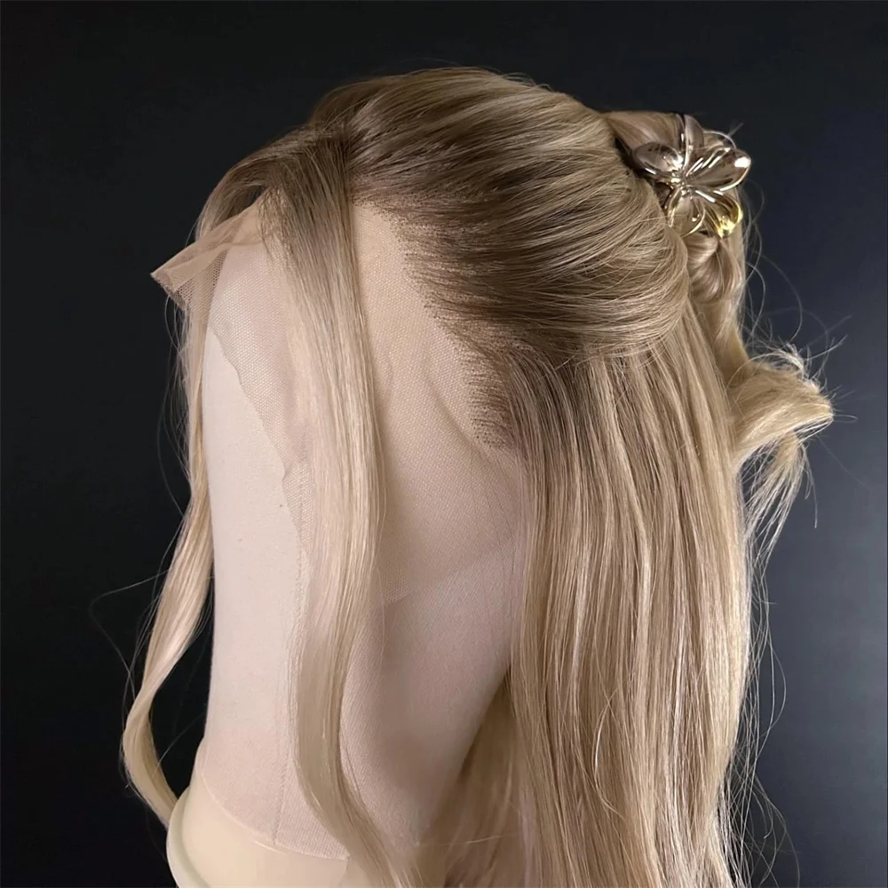 Blonde Balayage Lace Front Wig Free Part HD Lace Wig Realistic Look Dark Brown Roots Natural Wavy Synthetic Heat Resistant Fiber