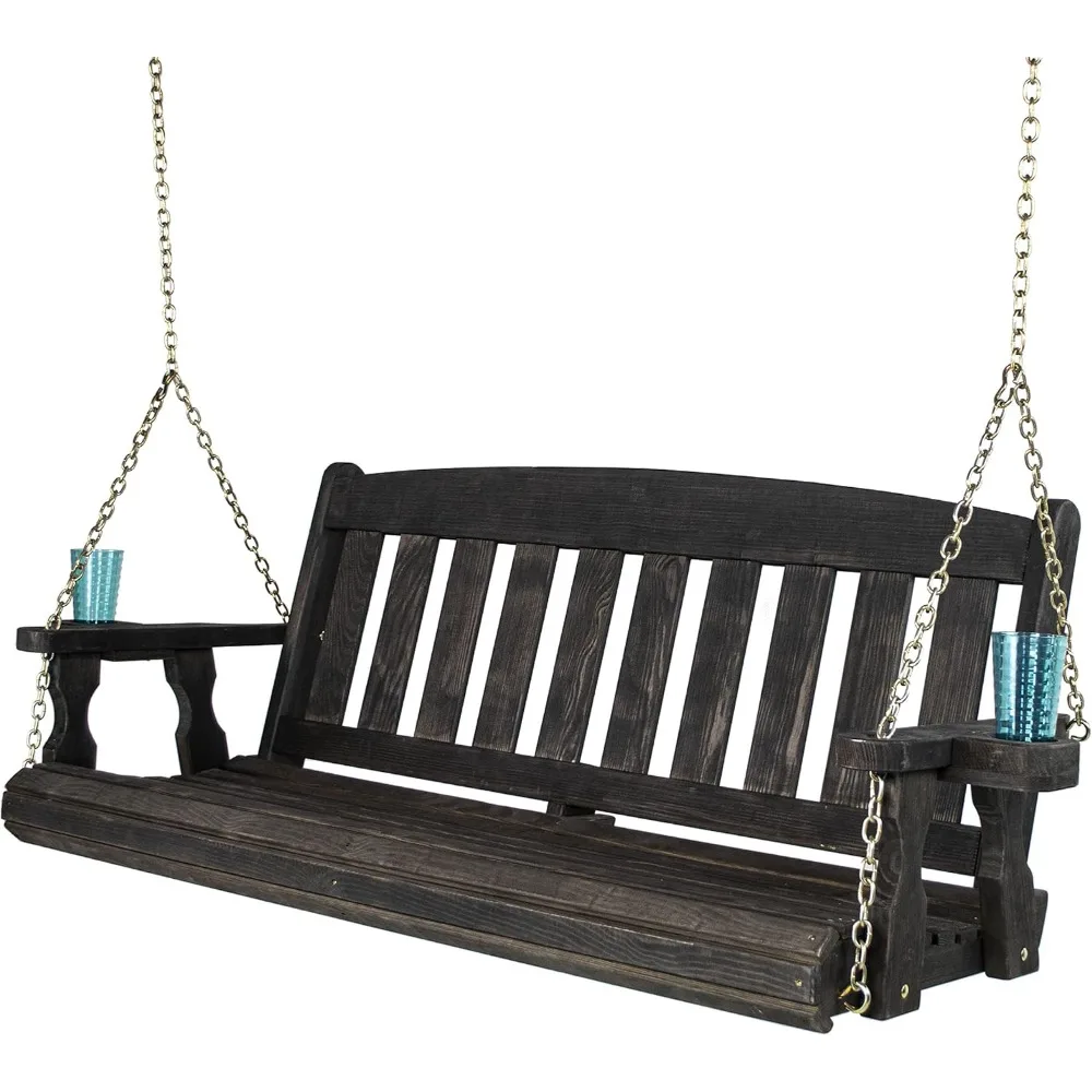 

Heavy Duty 800 Lb Mission Treated Porch Swing with Hanging Chains and Cupholders (5 Foot, Semi-Solid Black Stain)
