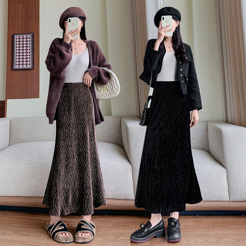 Autumn Winter 2025 New Women Thick Velvet Skirts Loose Plus Size Pleated Skirts A-Line Merimaid Lady Skirt Black Bottom KE3050