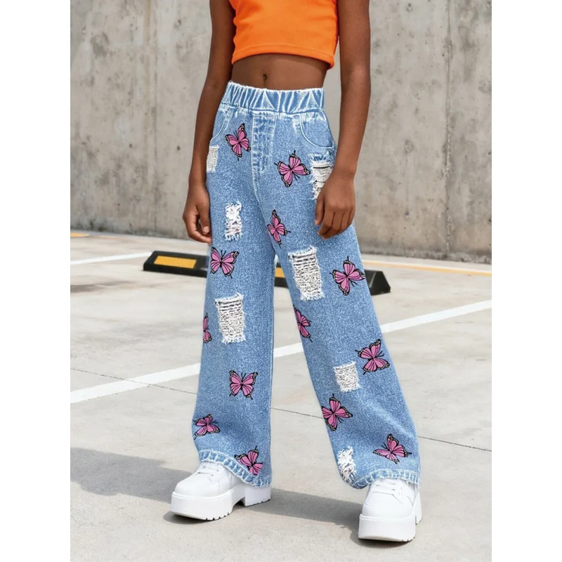 

Girls' 2025 Pink Butterfly Imitation Ripped Denim Wide - leg Pants, Fashionable High - waisted Loose Straight Imitation Jeans