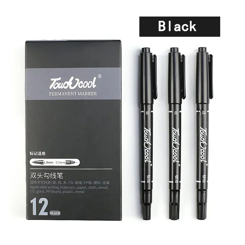 12Pcs/Set Spot Oily Double-headed Marker Pen Black Hook line Pen Express Drawing for Students Office Stationery School Supplies