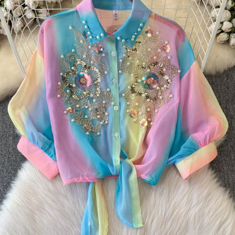 Women Rainbow Gradient Sequin Beaded Shirt Vintage Floral Embroidery Blouse Bohemian Party Top Long Sleeve Sheer Fashion Clothes