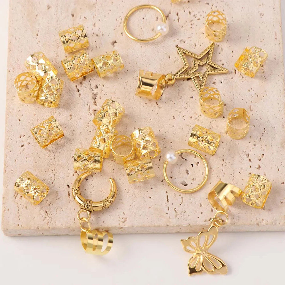 25pcs Butterfly Hollow Out Hair Ring Hair Braiding Metal Cuff Clips Dreadlocks Beads Charm Adjustable Hair Braid Tubes