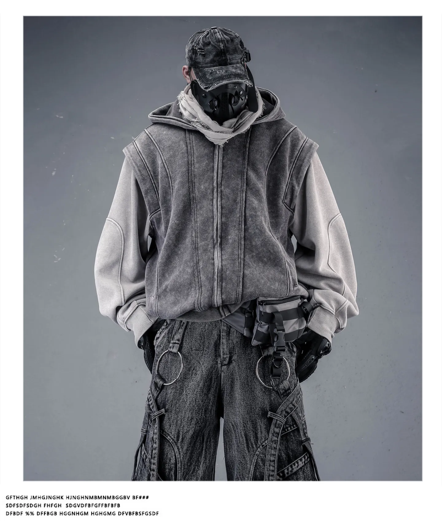 Washed Distressed Fake Two Piece Patchwork Punk Vintage Hoodies Man Techwear Gothic Zip Up Hoodie Street Wear
