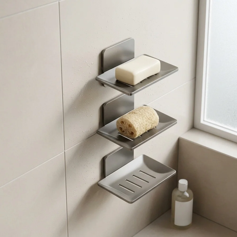 Wall Mounted Soap Dish Set for Bathroom Essentials Including Soap Sponge and Loofah with Sleek Gunmetal Gray Finish
