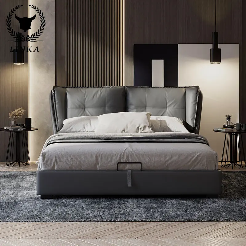 

Nordic leather bed leather bed Italian minimalist modern first layer cowhide double bed feather leather art bed master bedroom