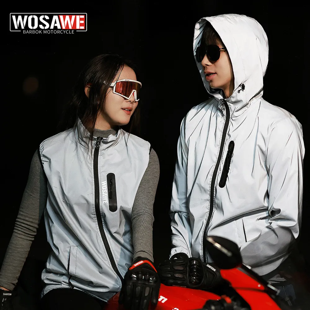 

WOSAWE jackets motorcycle Reflective jacket men women Streetwear Noctilucent jacket waterproof hooded hip-hop night shiny coats