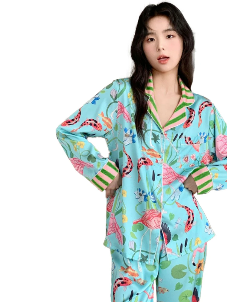 Spring Autumn New Ice Silk Soft Women\'s Pajamas Set Buttons Cardigan Womens 2 Piece Outfit Set Senior Printing Pajamas for Girls