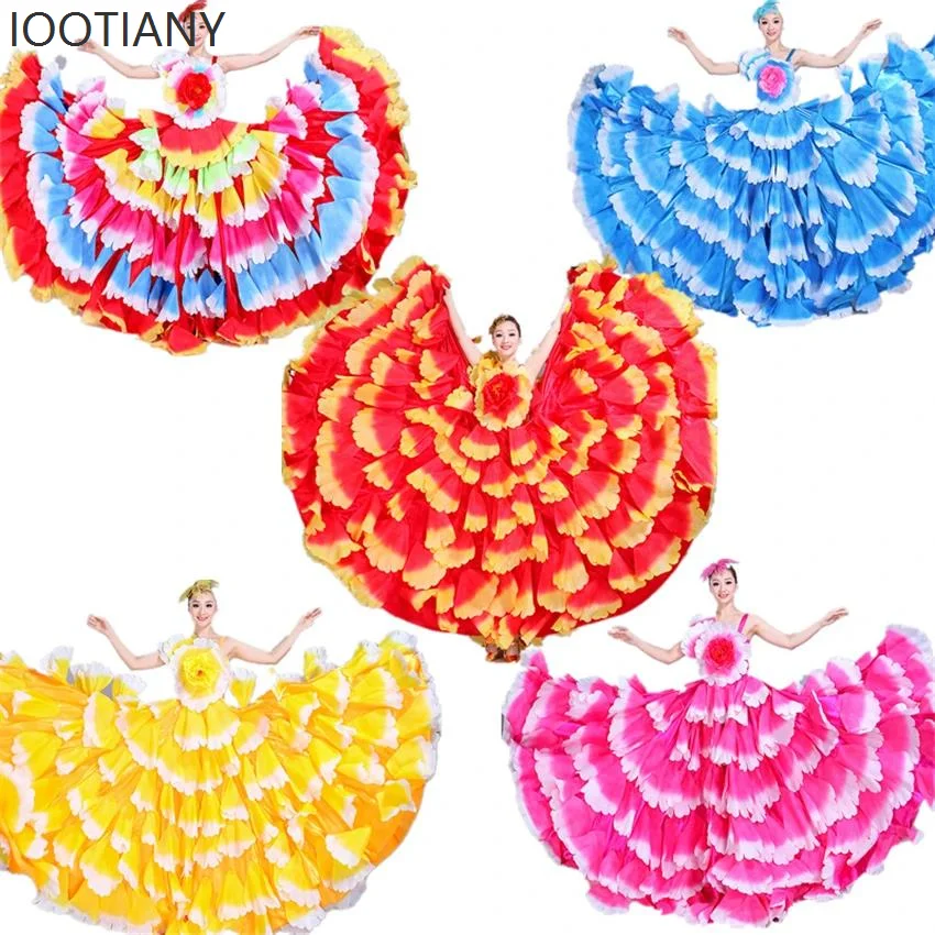 ジプシーダンススカート女性のスペインベリーダンス大花びらコーラーステージパフォーマンス衣装 360-720 度フラメンコダンスドレス
