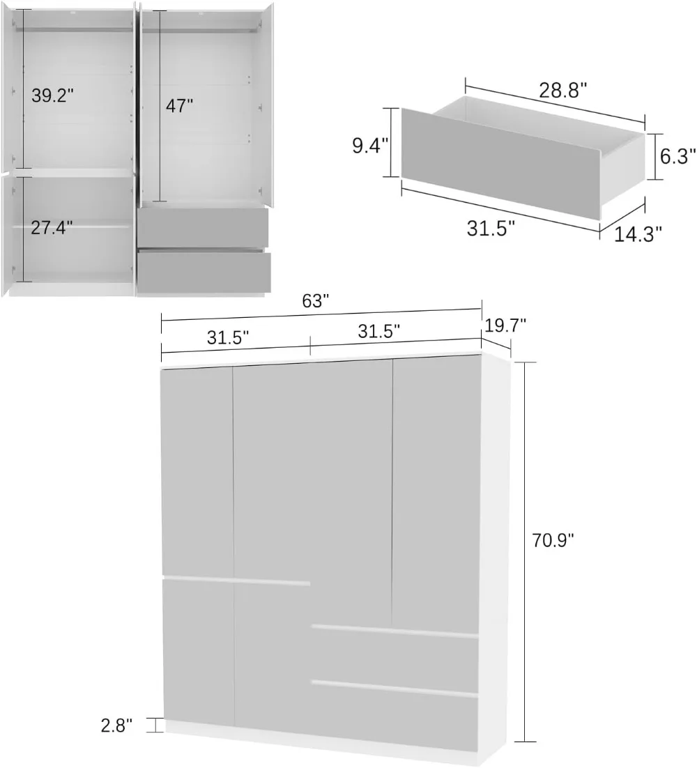 Large Mirror Wardrobe Armoire with Drawers 63