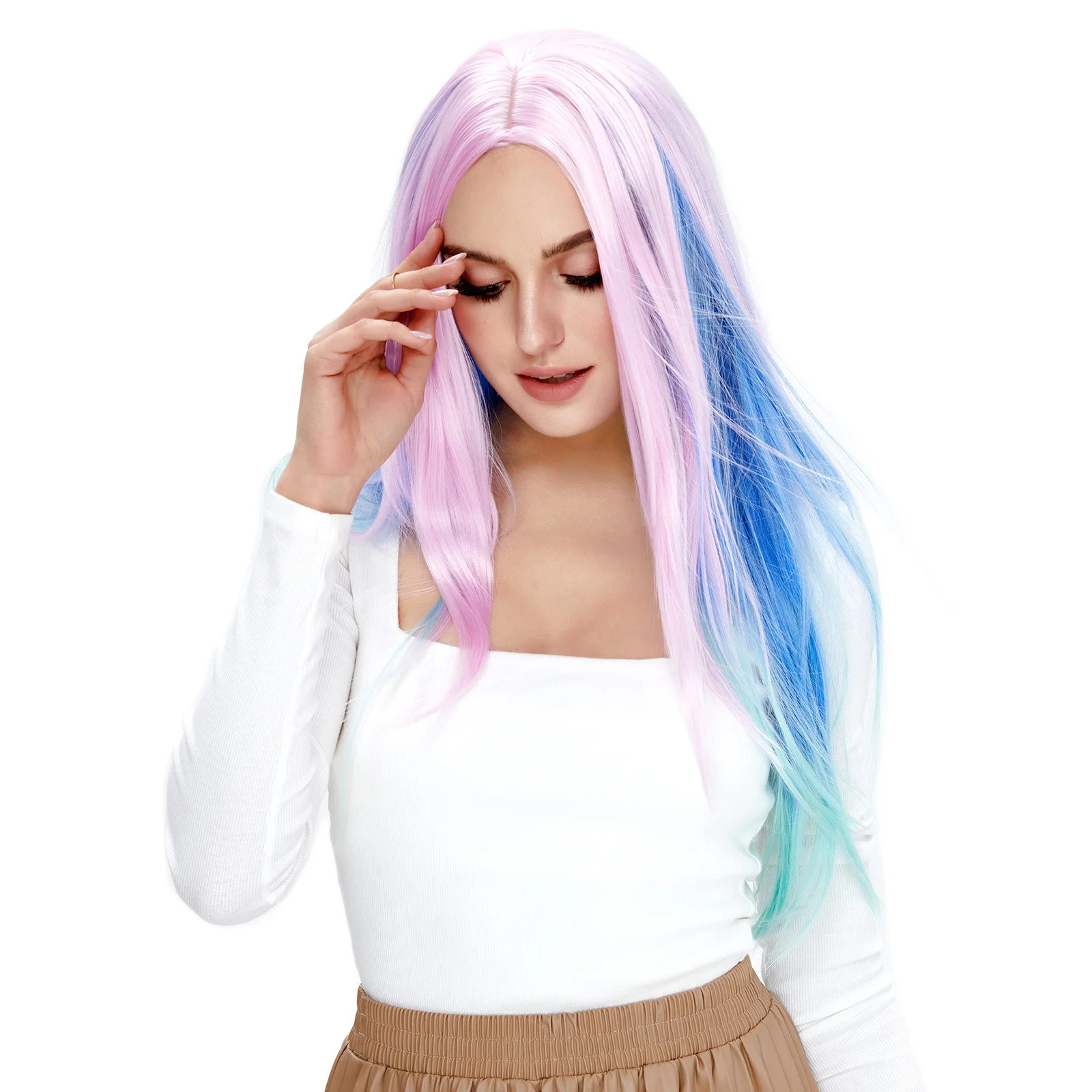 

REEWES Long Ombre Pink Green Wig Clorful Natural Straight Synthetic Hair For Women Lady Daily Halloween Christmas Party Costume
