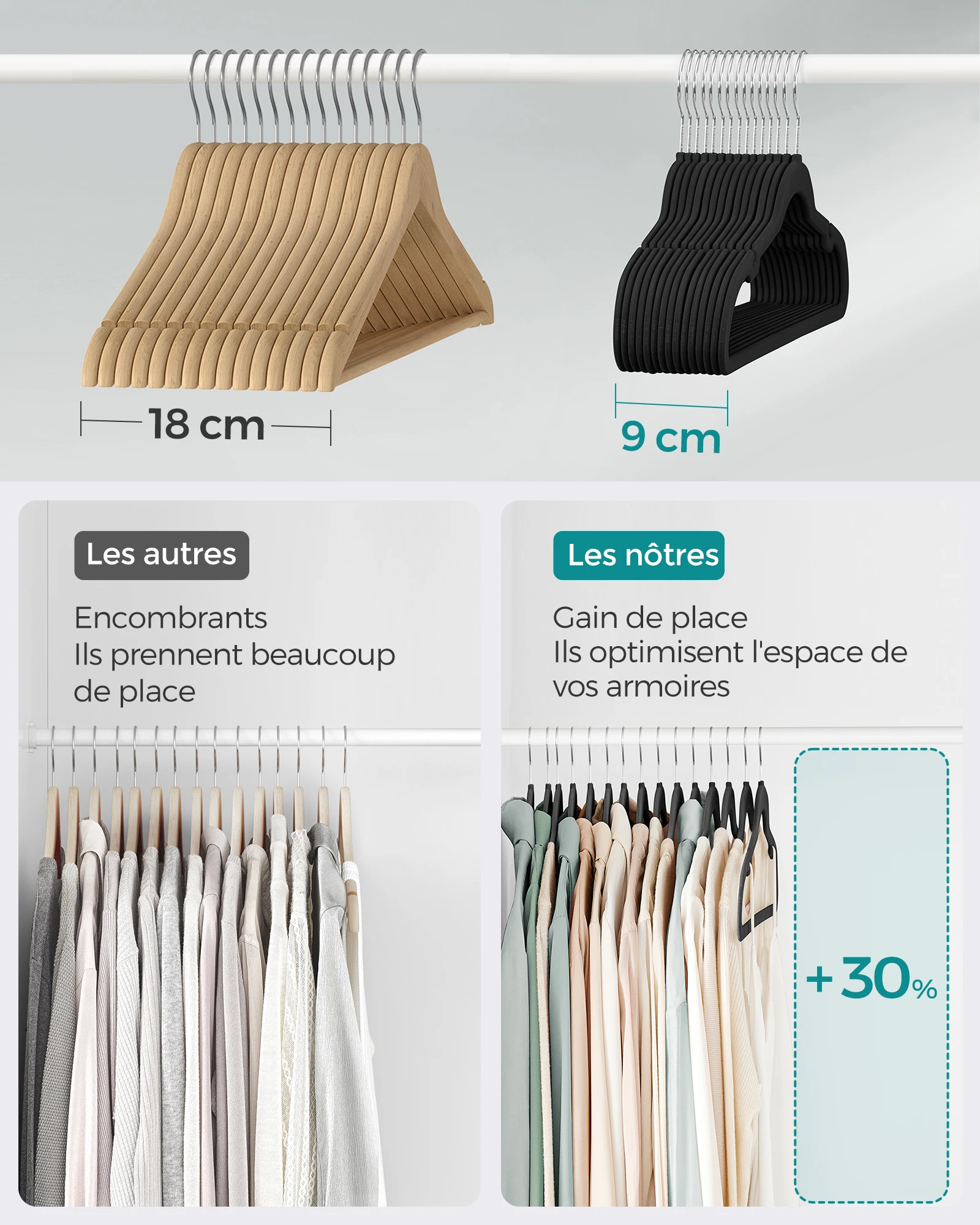 شماعات مخملية، عبوة 30/50، غير قابلة للانزلاق، مع شقوق، شريط بنطلون، 360 درجة ° خطاف دوار، موفر للمساحة، سمك 0.6 سم، طول 43 سم #3