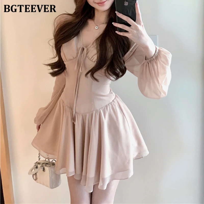 

BGTEEVER Elegant V-neck Lace-up Women Solid Mini Dress Spring Summer Stylish Long Sleeve Slim Waist Female A-line Dress