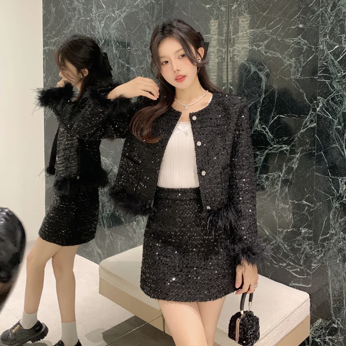 European Station Ostrich Feather Spliced Classic Style Skirt Set Women's Autumn Sequin Short Jacket Bodycon Skirt Two-piece Set