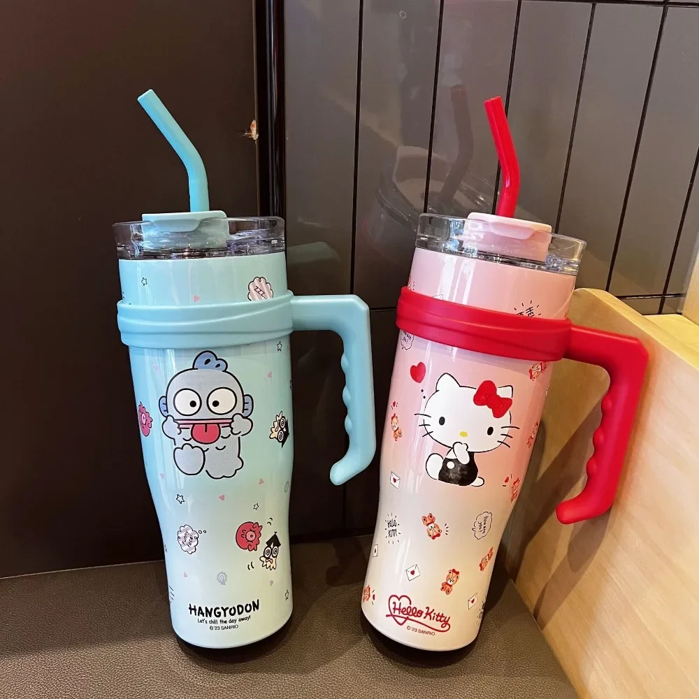 1200ml Kawaii Sanrios Thermos Cup Autumn Winter Hello Kitty Kuromi Cinnamoroll Hangyodon Large Capacity Straw Drinking Bottle