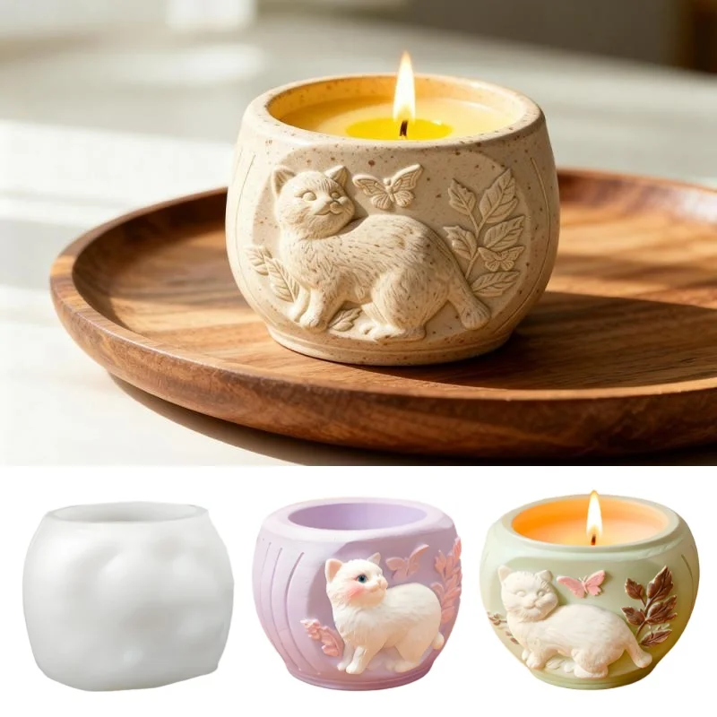 

Cat Plaster Candle Holder Silicone Mold DIY Cartoon Succulent Flowerpot Ornaments Concrete Resin Molds Home Decor Storage Tools