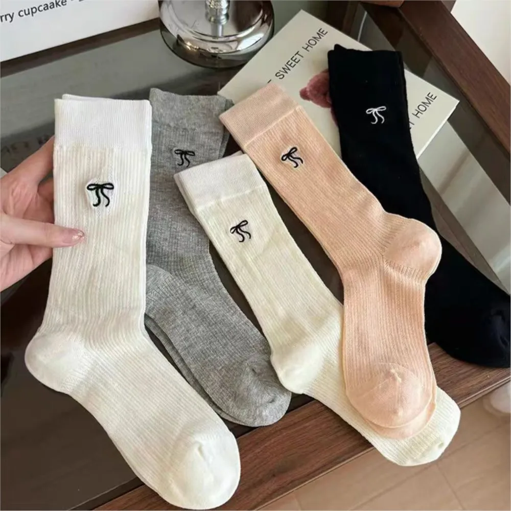 White ballet-style socks girl summer thin mid-tube sock bow stockings Spring mesh breathable pile socks autumn meia infantil