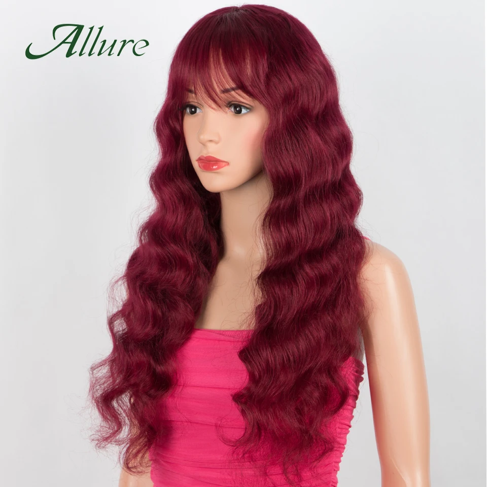 Brazilian Body Wave Human Hair Wig With Bangs Red Colored Hair Wigs For Black Women 180% Density 99J Cosplay Hair Wig Allure