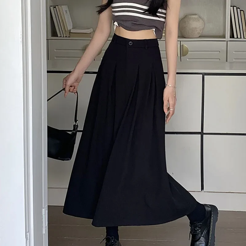 

Elegant Women Long Black Suits Skirts For Female Pockets OL Casual Loose A-Line High Waist Midi Skirt 2024 Spring Summer