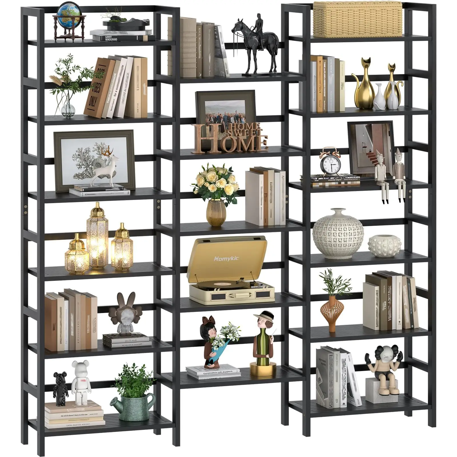 6-Tier Bamboo Bookshelf, 61” Triple Wide Bookshelves and Bookcases