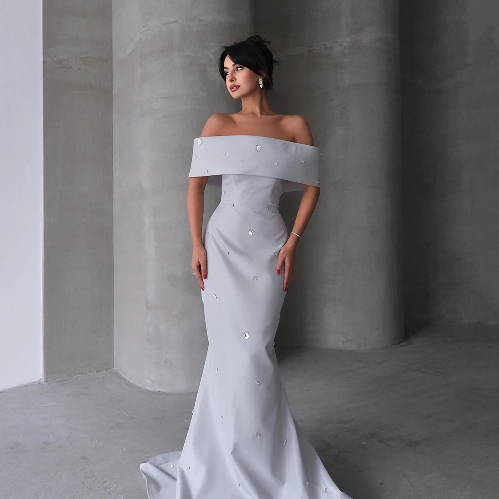 

Customized Grey Off the Shoulder Mermaid Jersey Evening Dress Backless With Crystal Party Dress Sleeves Floor Length Prom Gown