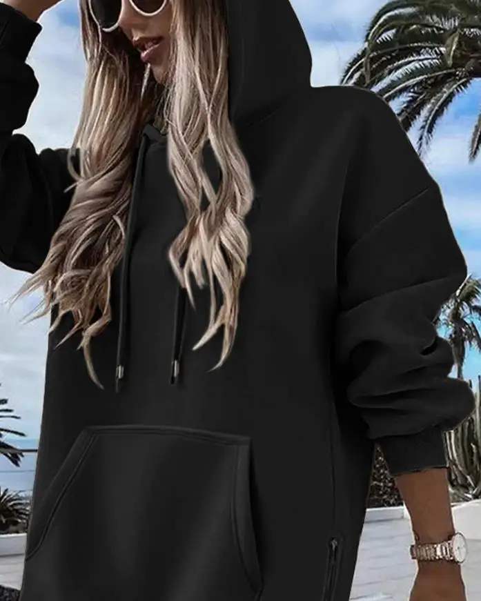 

2025 Solid Color Lace Up Hooded Loose Sweatshirt for Autumn and Winter Women's Casual Loose Long Sleeved Pullover Sweatshirt