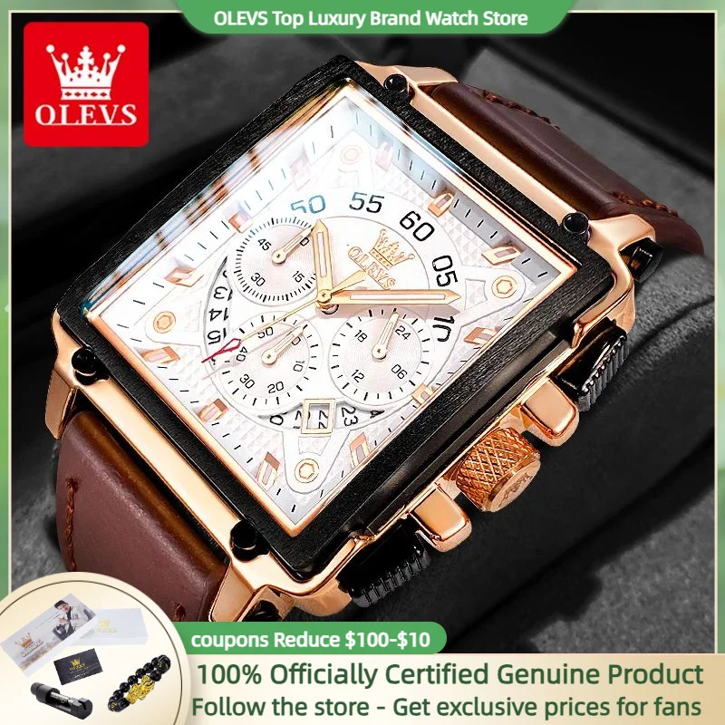 OLEVS 9919 reloj para hombre, moda resistente al agua, correa de cuero marrón, marca de alta calidad, reloj de cuarzo deportivo cuadrado calado de lujo para hombre