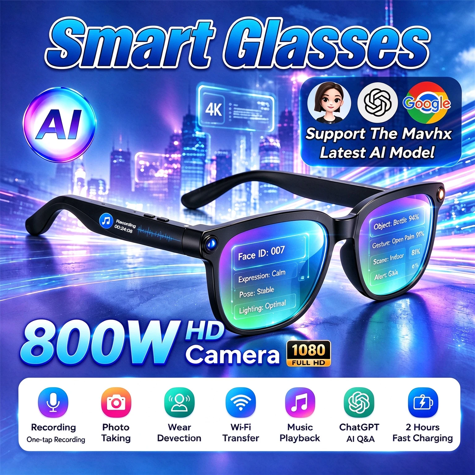 New Upgrade Smart Glasses ChatGPT 4KHD Photo Video Recording Calling Translation 2H Fast Charging Color-Changing  AI Man Glasses