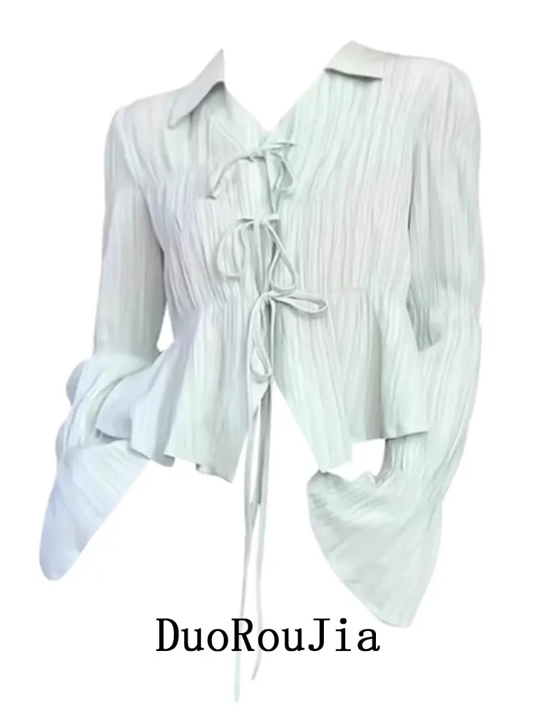 

plus Size Women's Shirt V-Neck Long Sleeve Bell Sleeve Gathered Slimming Top Korean Style Commute Pure Color Autumn New Arrival