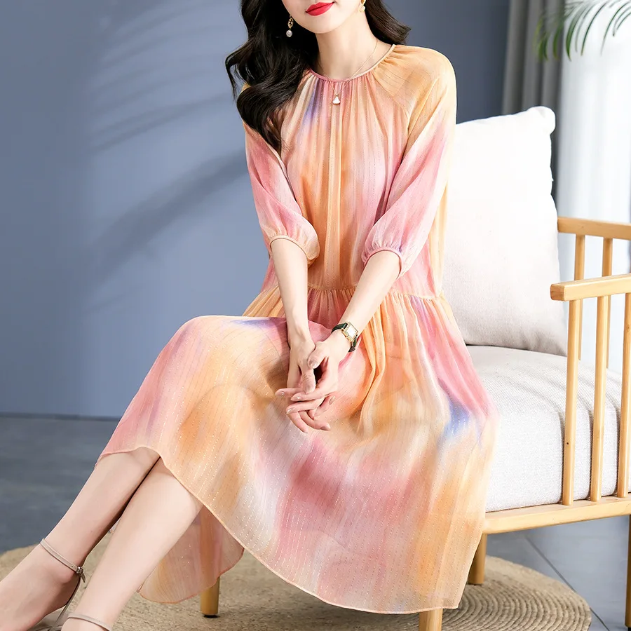 Birdsky, 1PC Women dress 2pcs set O neck 7 sleeve A line 95% real mulberry silk 5% polyester rainbow color, S-699