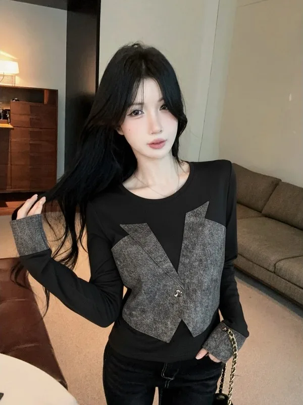 

Элегантная женская базовая рубашка с длинным рукавом и цветовыми блоками, осенне-зимняя, премиум-класса, в стиле легкой зрелости, Nicole Rose