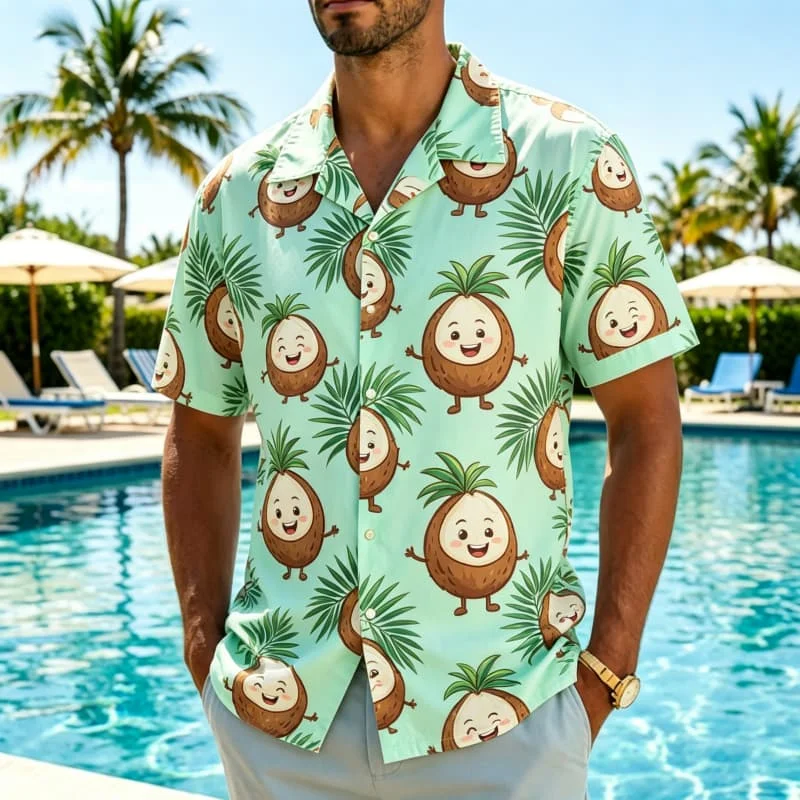 Men's Playful And Interesting Cartoon Fruit Printed Hawaiian Shirt, Suitable For Pool Parties, Summer Vacations, And Daily Wear