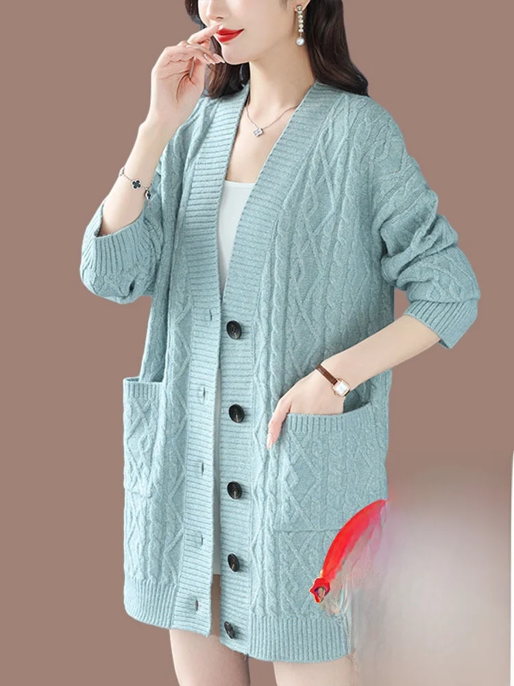 Cardigan tricoté mi-long pour femme, manteau ample, paresseux, grande taille, vêtements d'extérieur en laine, v-ne Long, automne hiver