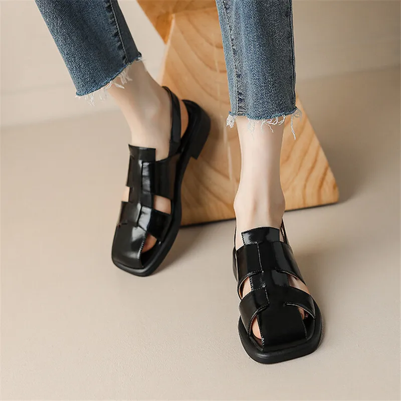 2023 Summer Sandals Split Leather Square Toe Women Sandals French Women Shoes Cover Toe Sandals for Women Hollow Out Roman Shoes