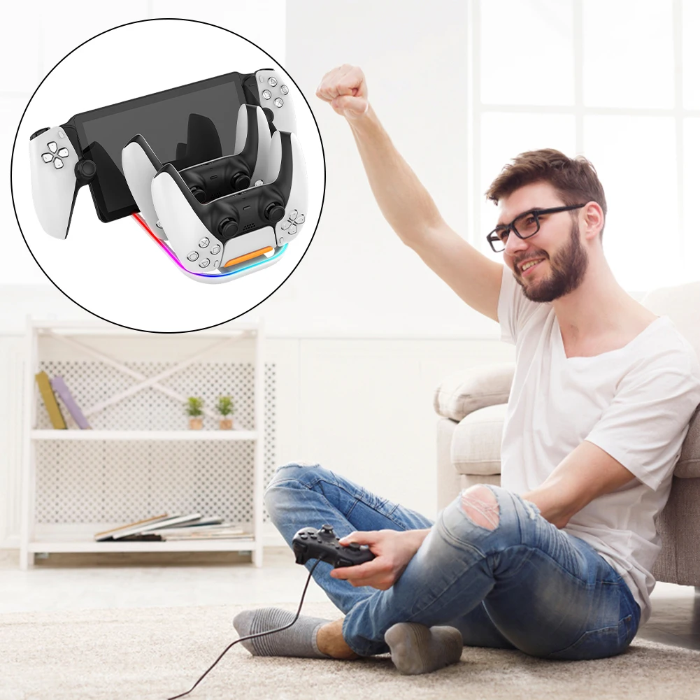Charging Dock Station for Portal Handheld Console with 2 Charging Ports for Controller Charging Dock with RGB Light