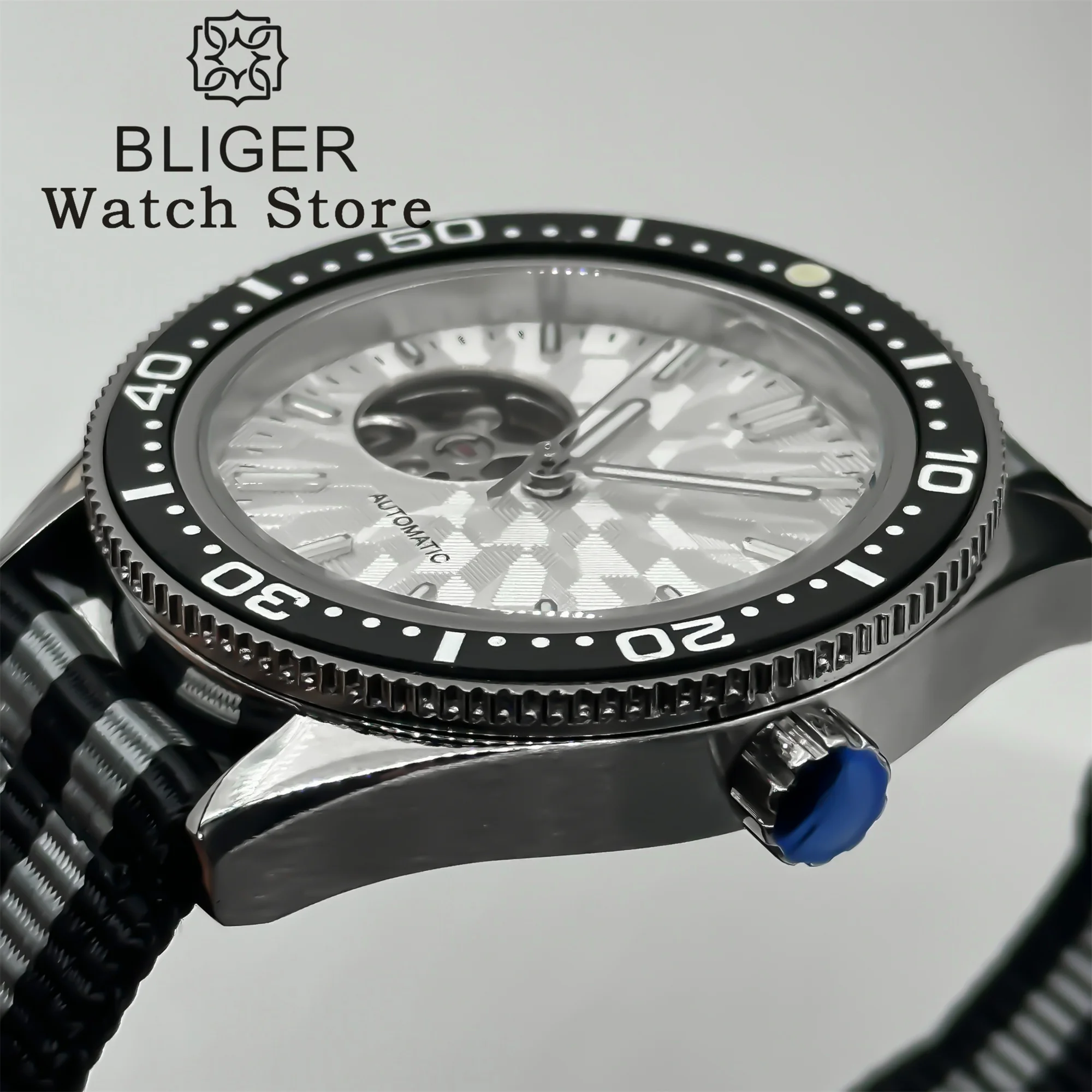 BLIGER 41mm NH38 Automatic Wristwatch Ceramic Bezel Sapphire Glass Luminous 100m Waterproof Nylon/Rubber Strap Men\'s Watches