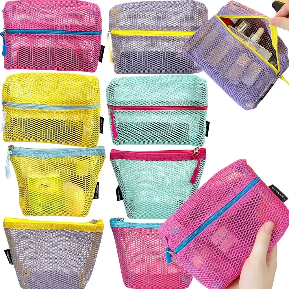 Nylon Mesh Cosmetic Bag Portable Mesh Cosmetic Storage Bag Zipper Closure Toiletry Organizer Bag Multifunction Storage