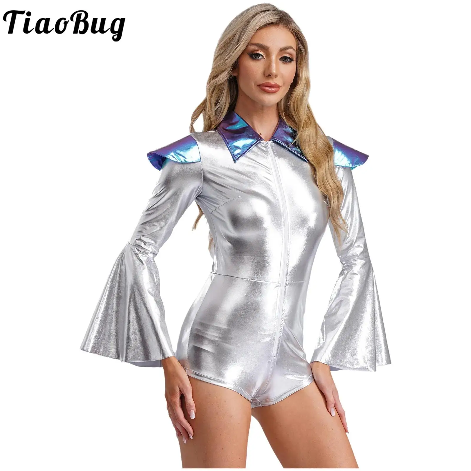 Traje de Cosplay de astronauta alienígena para mujer, traje metálico de manga larga acampanada, gorra con solapa, mono con hombros para fiesta, Carnaval, Raves