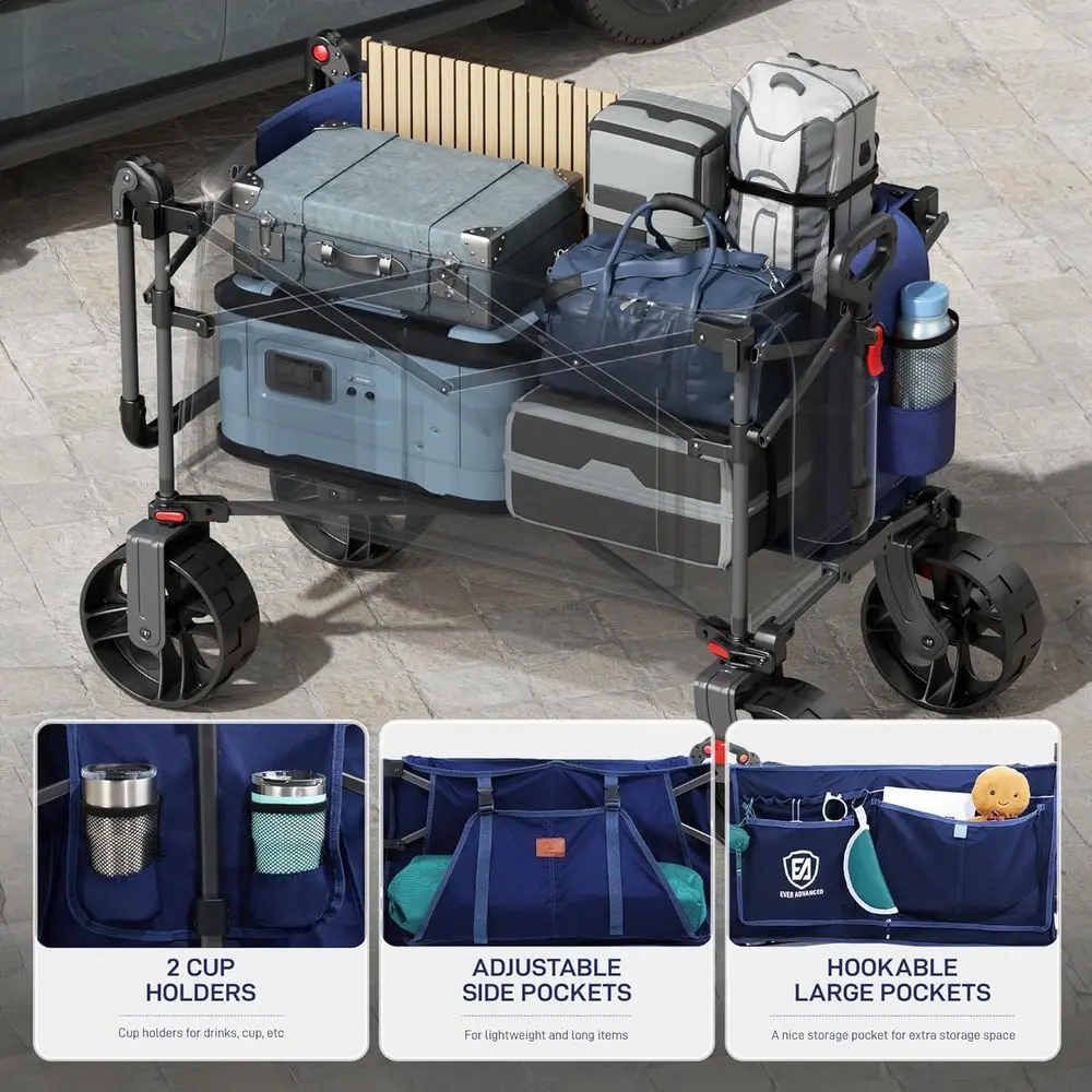 รถเข็นอเนกประสงค์พับได้พร้อมเบรกสำหรับการผจญภัยกลางแจ้ง ชายหาด และการช็อปปิ้ง