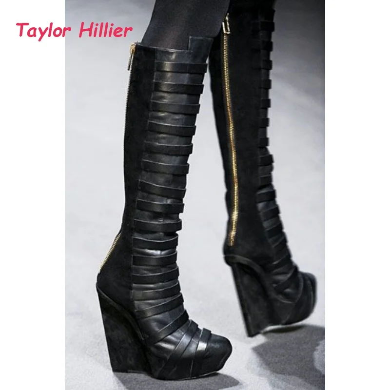 Black Platform Wedge Knee High Boots Women's Multi-Strap Leather Suede Gothic Style Fashion Round Toe Back Zipper Boots image 2