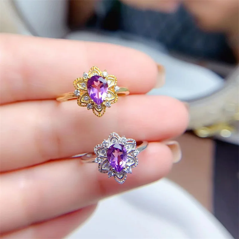 

Natural Original Real Amethyst Ring 925 Silver Wedding Ring for Women Yellow Gift Jewelry Gift with Certificate