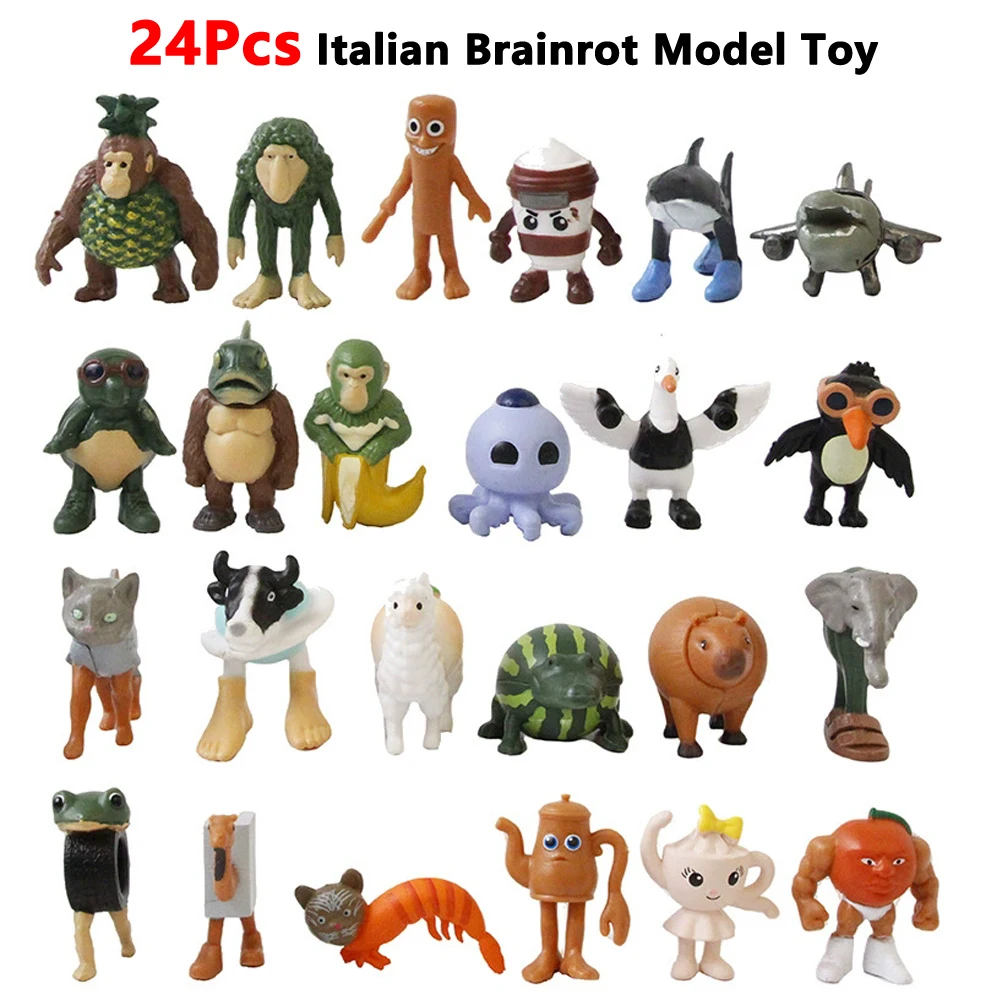 

24Pcs Italian Brainrot Anime Action Figure Set Tung Tung Sahur Tralalero Tralala Bombardino Crocodilo Figures Model Toy Gifts