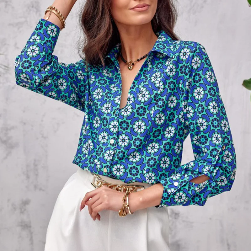 Elegant Spring And Autumn Temperament Cardigan Long Sleeved Shirt With Button Floral Leaves Print Flip Collar Office Lady Blouse